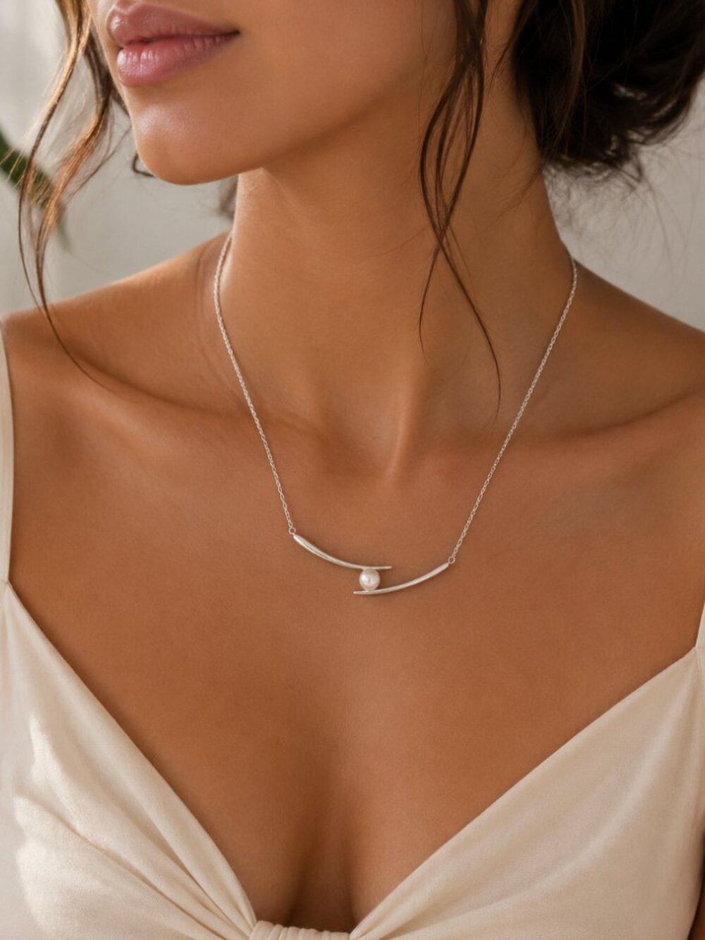 925 Sterling Silver Double Bar Pearl Necklace Chopstick Geometric Tube Necklace